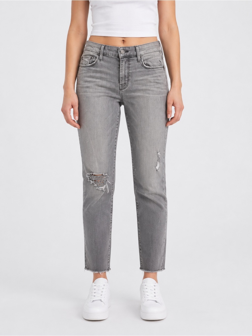 MOTHER Looker Ankle Fray Jeans Women’s Size 26 Gray Distressed Stretch Denim